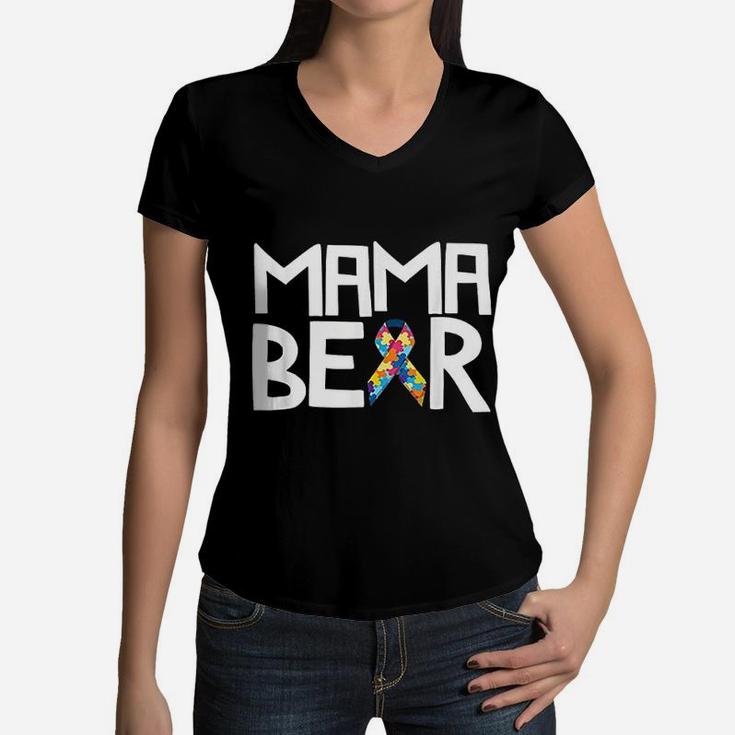 Autistic Awareness Mama Mom Bear Women V-Neck T-Shirt