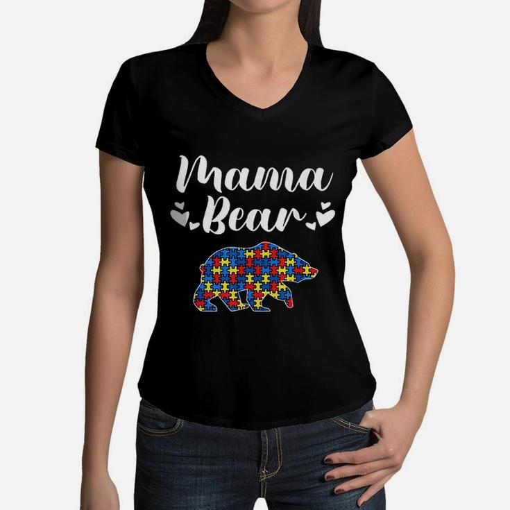 Awareness Mama Bear Puzzle Piece Women V-Neck T-Shirt