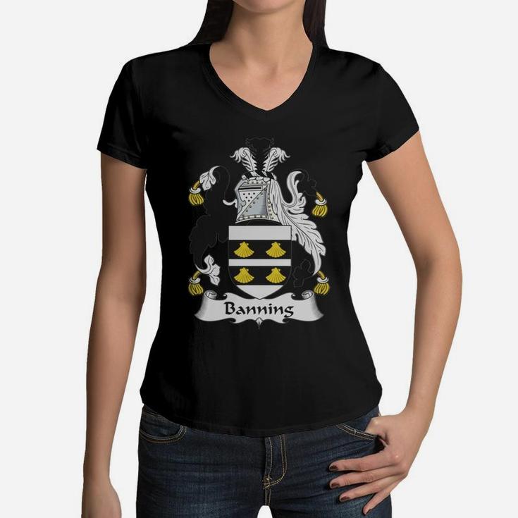 Banning Family Crest / Coat Of Arms British Family Crests Women V-Neck T-Shirt