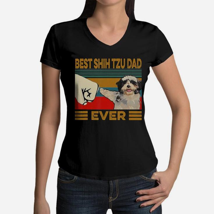 Best Shih Tzu Dad Ever Retro Vintage T-shirt Women V-Neck T-Shirt