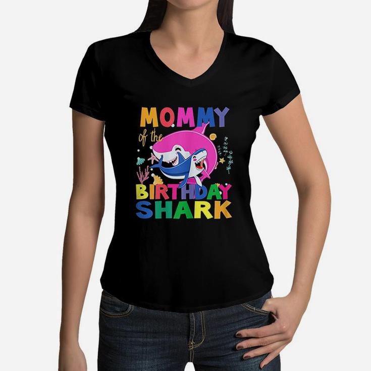 Birthday Matching Shark Family Mommy Of The Birthday Shark Women V-Neck T-Shirt
