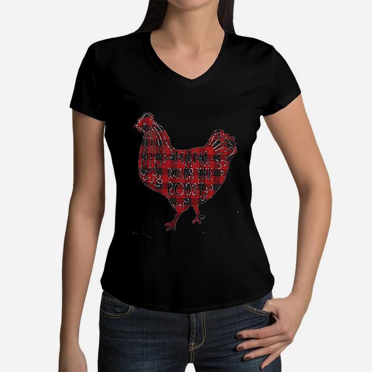 Blessed Mama Mama Rules The Roost Letter Print Plaid Chicken Mom Life Women V-Neck T-Shirt