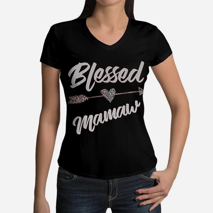 Blessed Mamaw Thanksgiving Funny Mother Wife Gift Women V-Neck T-Shirt