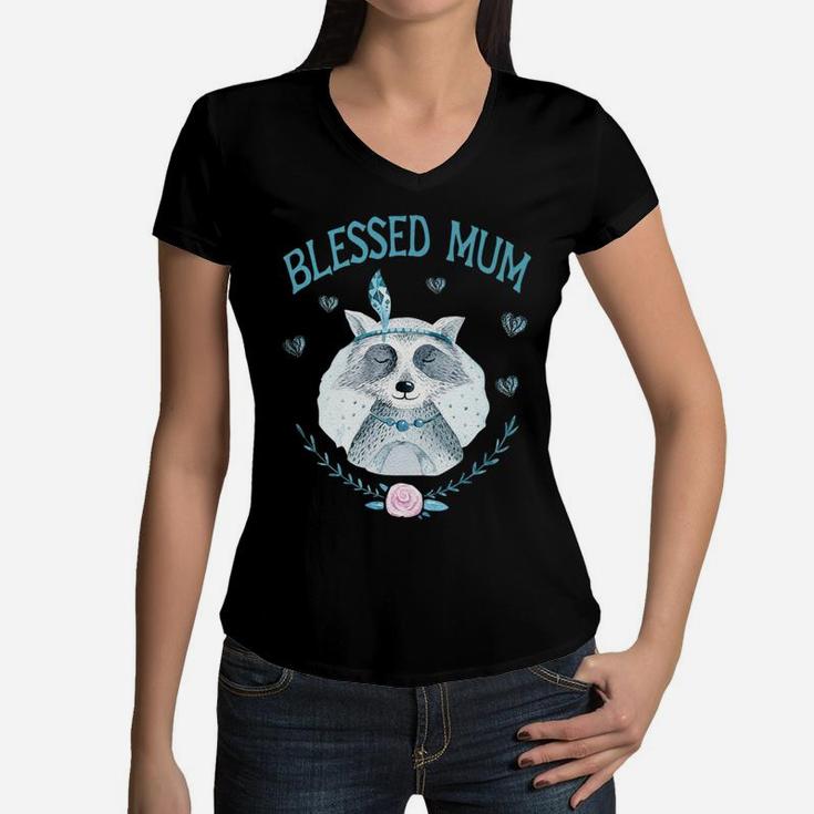 Blessed Mum Fun Raccoon Gift Idea Cute Mum Gifts Women V-Neck T-Shirt