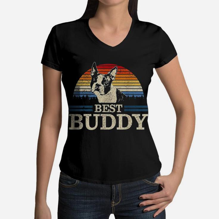 Boston Terrier Vintage Best Buddy Funny Dog Lover Gift Women V-Neck T-Shirt