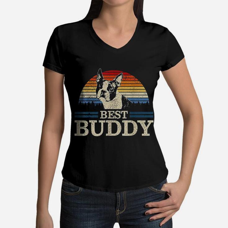 Boston Terrier Vintage Best Buddy Women V-Neck T-Shirt