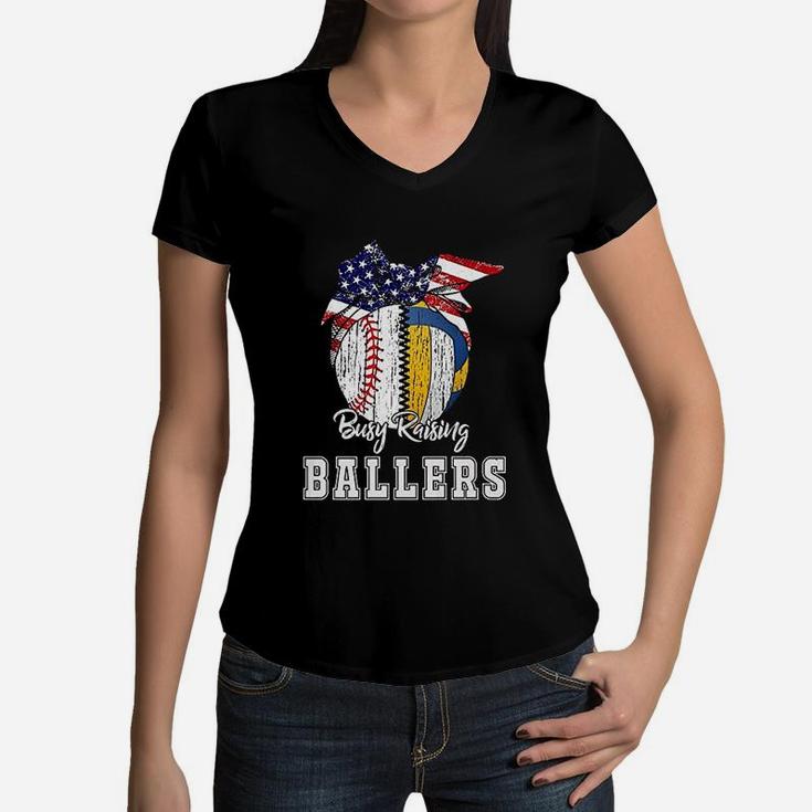 Busy Raising Ballers Baseball Volleyball Volleyball Mom Women V-Neck T-Shirt