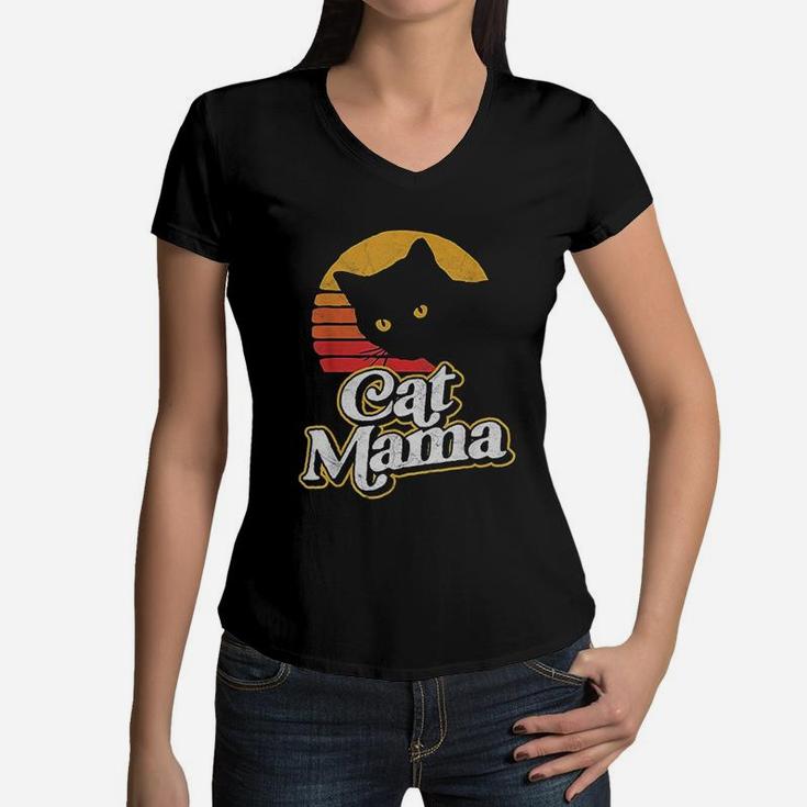 Cat Mama Vintage Eighties Style Cat Retro Distressed Women V-Neck T-Shirt