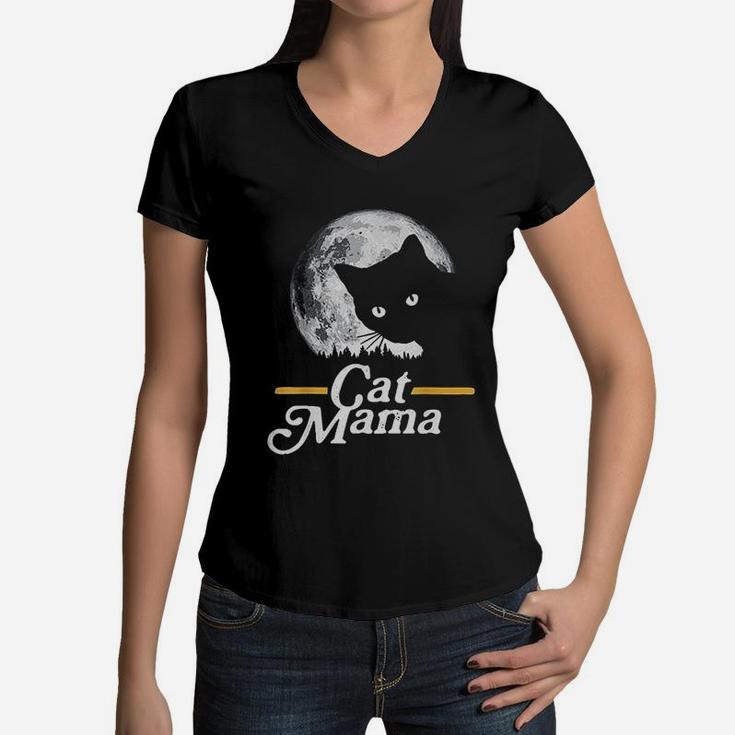 Cat Mama Vintage Eighties Style Cat Retro Full Moon Women V-Neck T-Shirt