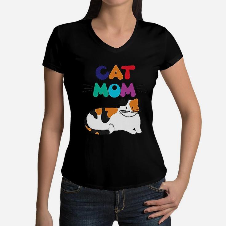 Cat Mom Calico Cat Lover Women V-Neck T-Shirt