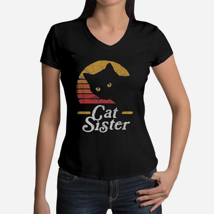 Cat Sister Vintage Eighties Style Women V-Neck T-Shirt