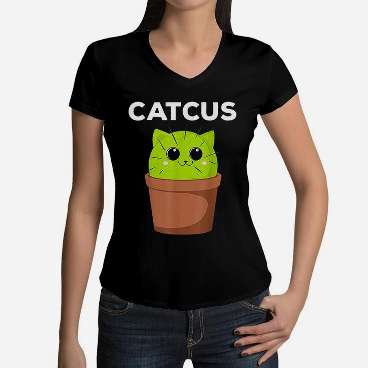Catcus Funny Cat Pun Gift For Cat Moms Women V-Neck T-Shirt