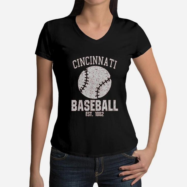 Cincinnati Baseball Fans Est 1882 Old Vintage Style Women V-Neck T-Shirt
