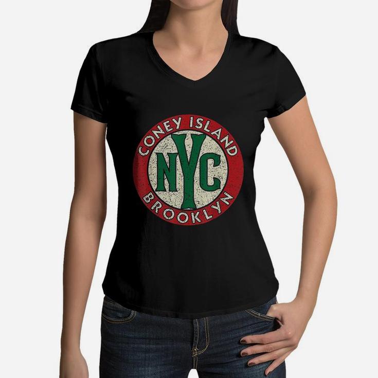 Coney Island Brooklyn Nyc Vintage Road Sign Distressed Print Women V-Neck T-Shirt