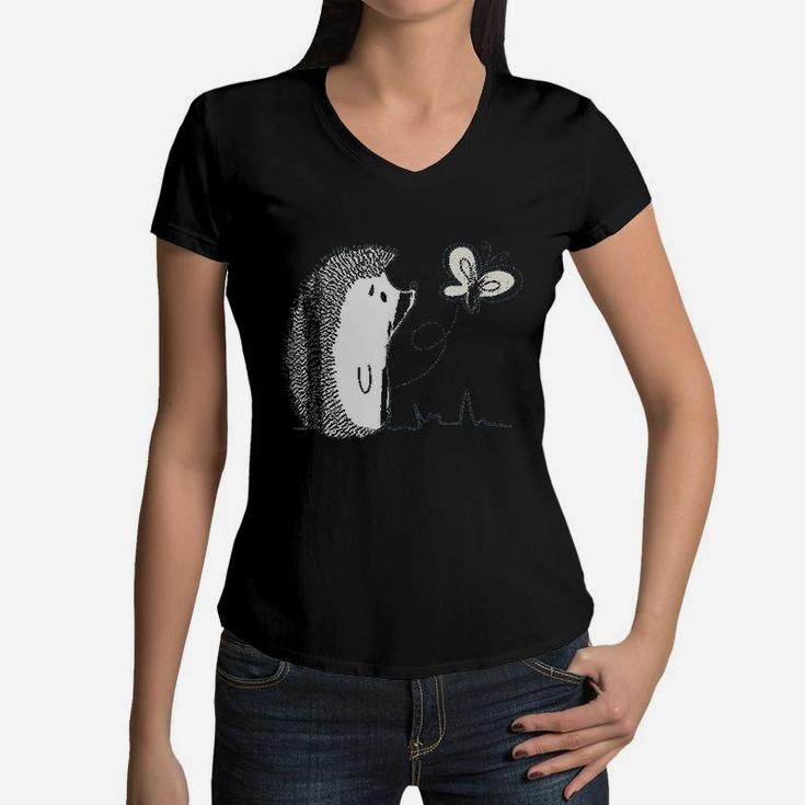 Cute Vintage Hedgehog And Butterfly Art Women V-Neck T-Shirt