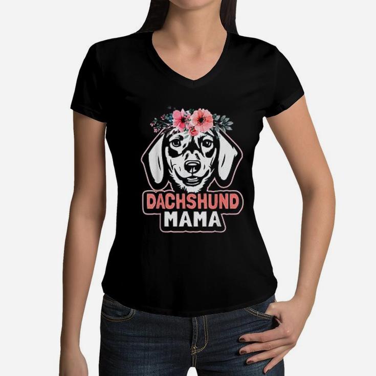 Dachshund Mama Dog Mom Flower Weiner Dog Cute Funny Gift Women V-Neck T-Shirt