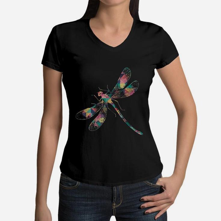 Dragonfly Vintage Colored Women V-Neck T-Shirt