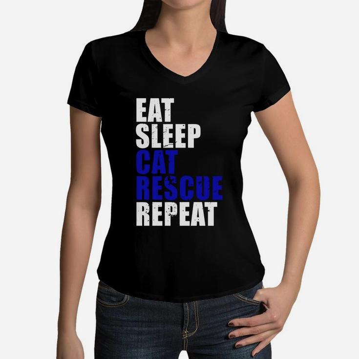 Eat Sleep Cat Rescue Repeat Funny Cute Cat Lover Parent Mom Women V-Neck T-Shirt