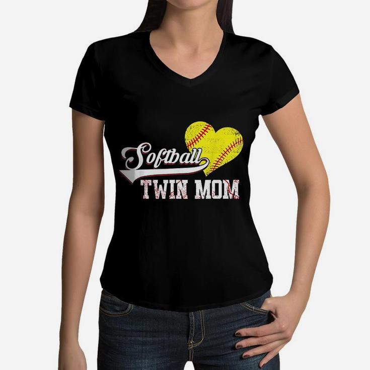 Family Softball Player Gifts Softball Twin Mom Women V-Neck T-Shirt