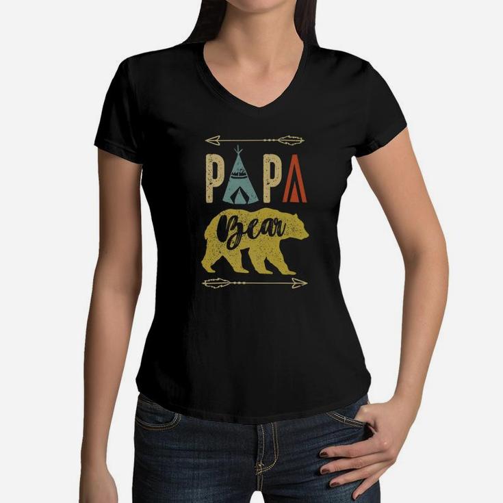 Fathers Day Gift For Camper Camping Lover Vintage Papa Bear Premium Women V-Neck T-Shirt