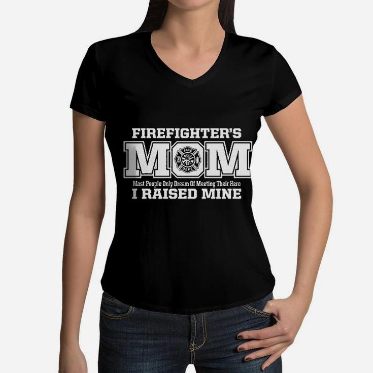 Firefighters Mom I Raised My Hero Missy Fit Ladies Women V-Neck T-Shirt