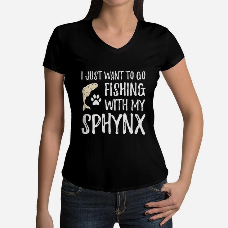 Fishing Sphynx For Boating Cat Mom Or Cat Dad Women V-Neck T-Shirt