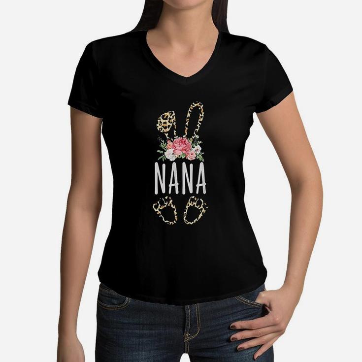 Floral Leopard Nana Bunny Happy Easter Mothers Day Women V-Neck T-Shirt