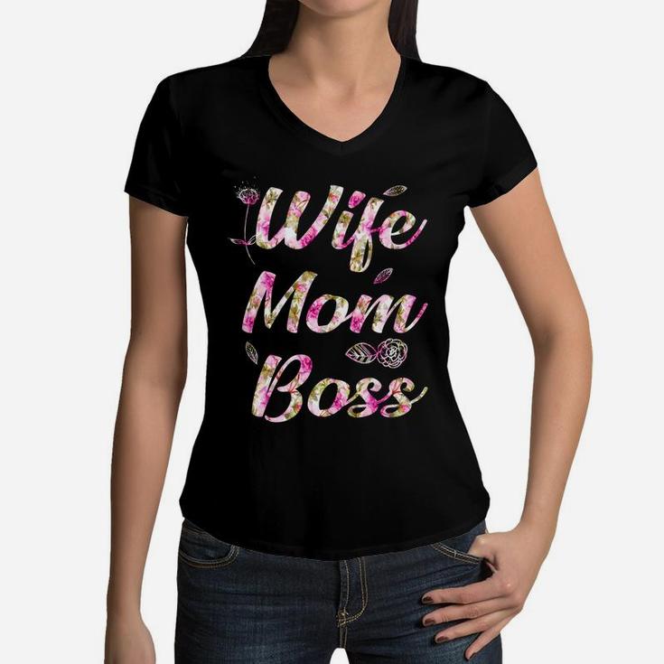 Flower Wife Mom Boss Women V-Neck T-Shirt