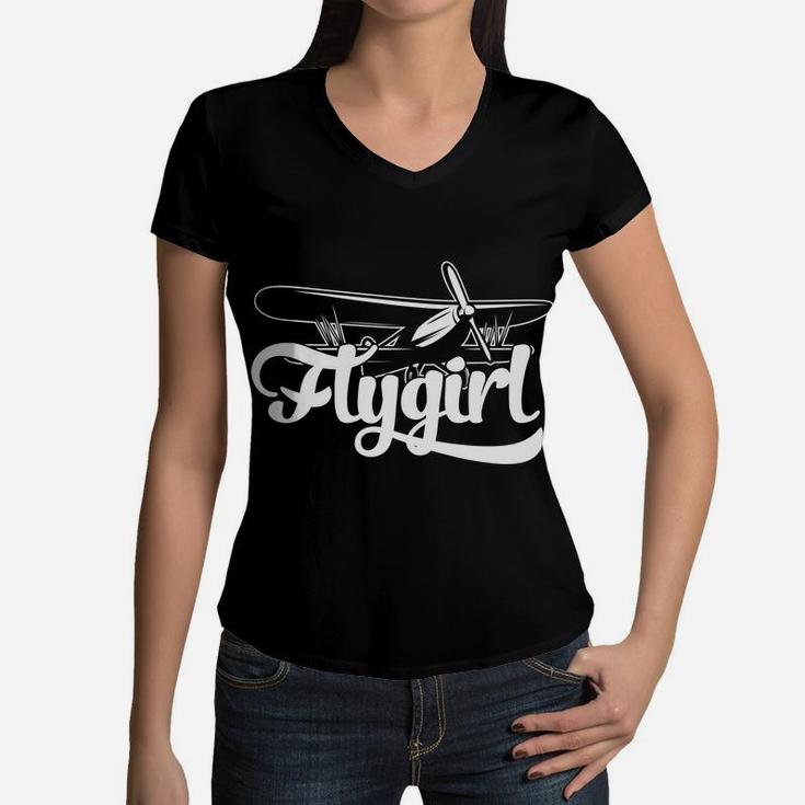 Flygirl Vintage Flight Attendant Pilot Job Title Gift Women V-Neck T-Shirt