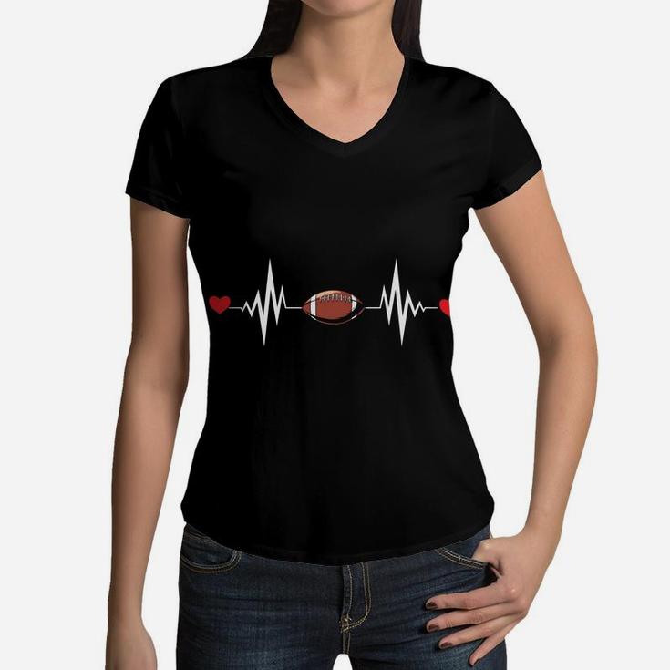 Football Heartbeat Funny Sport Gift For Football Lovers Women V-Neck T-Shirt