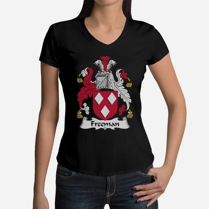 Freeman Family Crest Coat Of Arms British Family Crests Women V-Neck T-Shirt