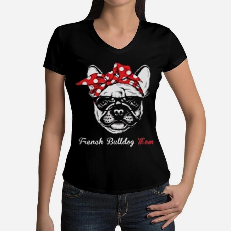 French Bulldog Mom Red Bowtie Women V-Neck T-Shirt