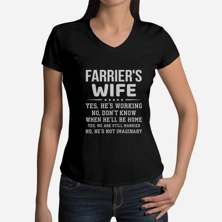 Funny Farrier Wife Family Gift Yes He Is Working Women V-Neck T-Shirt