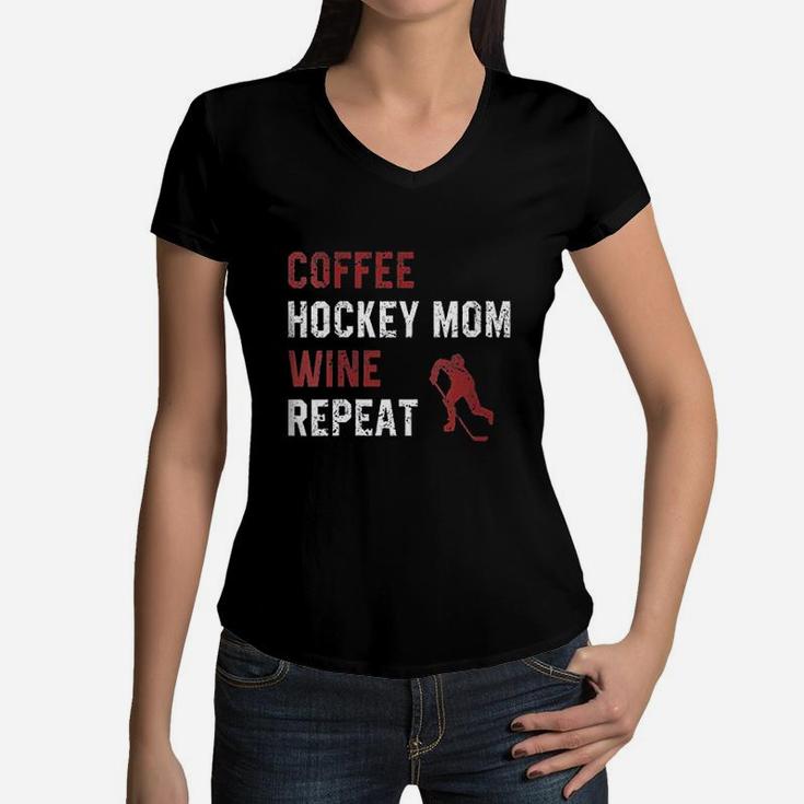 Funny Hockey Mom Sayings Coffee Hockey Mom Wine Repeat Women V-Neck T-Shirt