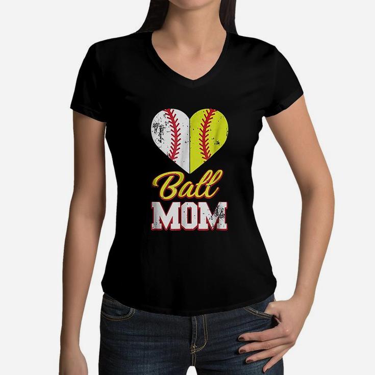 Funny Softball Mom Ball Mom Softball Baseball Women V-Neck T-Shirt