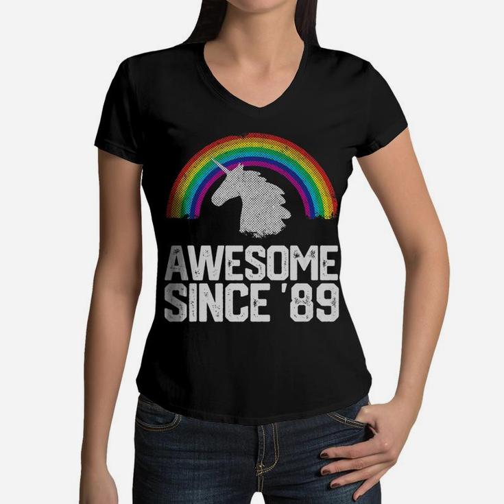 Funny Unicorn 1989 32nd Birthday Gift Rainbow Retro Vintage  Women V-Neck T-Shirt