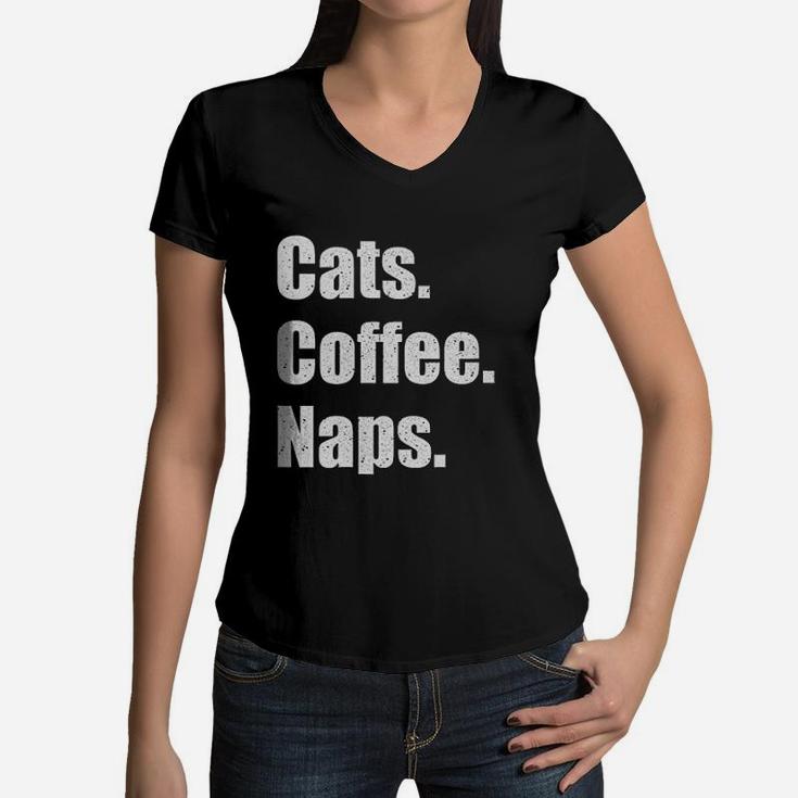 Funny Vintage Cats Coffee Naps Women V-Neck T-Shirt