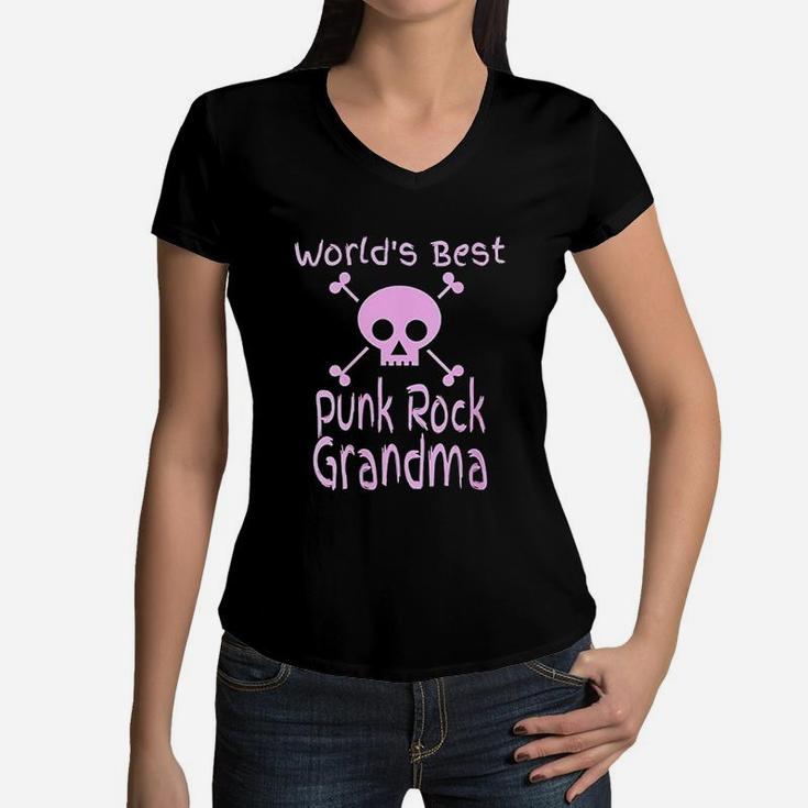 Funny Worlds Best Punk Rocker Grandma Grandmother Quote Women V-Neck T-Shirt