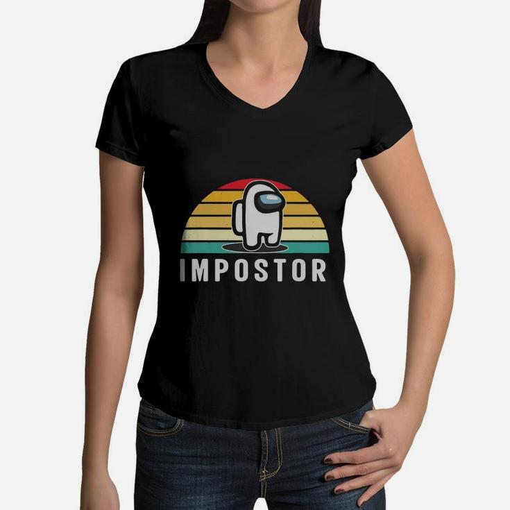 Gaming Meme Impostor Among Game Us Sus Gift Vintage Sunset Women V-Neck T-Shirt