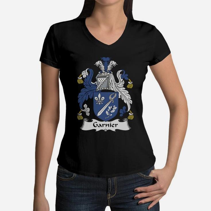 Garnier Family Crest / Coat Of Arms British Family Crests Women V-Neck T-Shirt