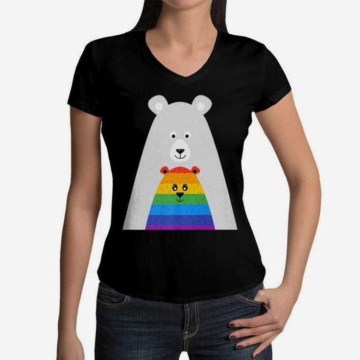Gay Pride Mama And Baby Bear Gift Lgbt Lesbian March Women V-Neck T-Shirt