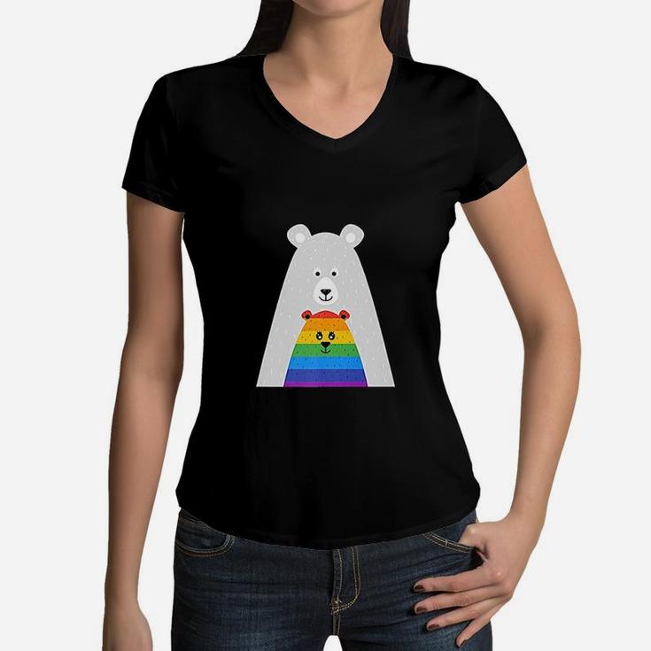 Gay Pride Mama And Baby Bear Women V-Neck T-Shirt