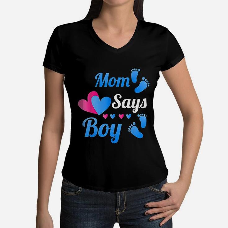 Gender Reveal Party Mom Says Boy Baby Reveal Women V-Neck T-Shirt