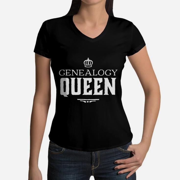 Genealogy Queen Family Genealogist Research Ancestry Women V-Neck T-Shirt