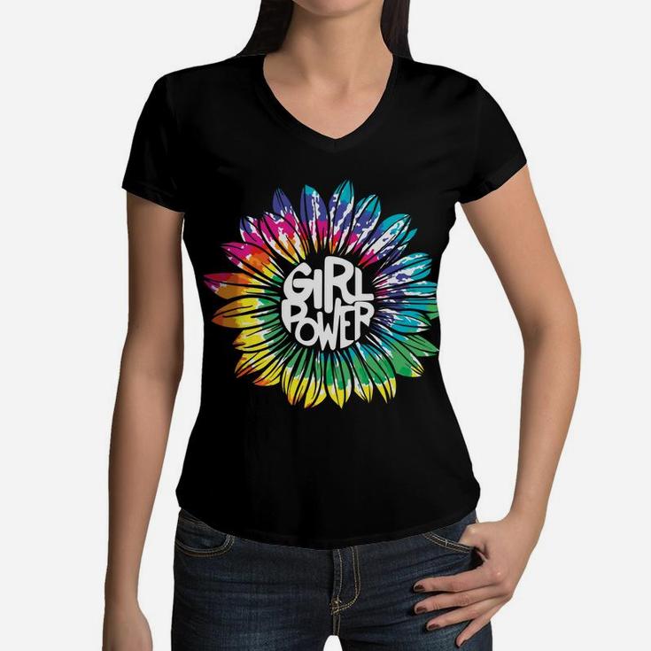 Girl Power Tie Dye Sunflower Hippie Peace Women V-Neck T-Shirt