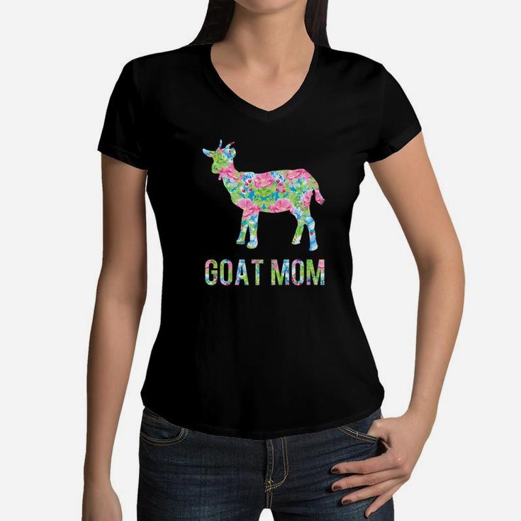 Goat Mom Colorful Flowers I Love Goats Women V-Neck T-Shirt