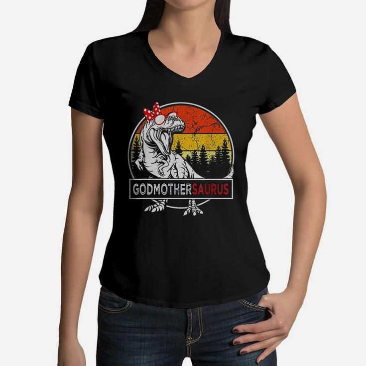Godmothersaurus Dinosaur Funny Godmother Saurus Family Women V-Neck T-Shirt