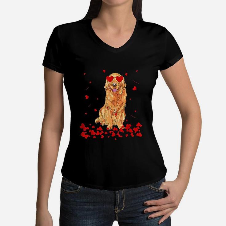 Golden Retriever Heart Valentines Day Gift Dog Dad Dog Mom Women V-Neck T-Shirt
