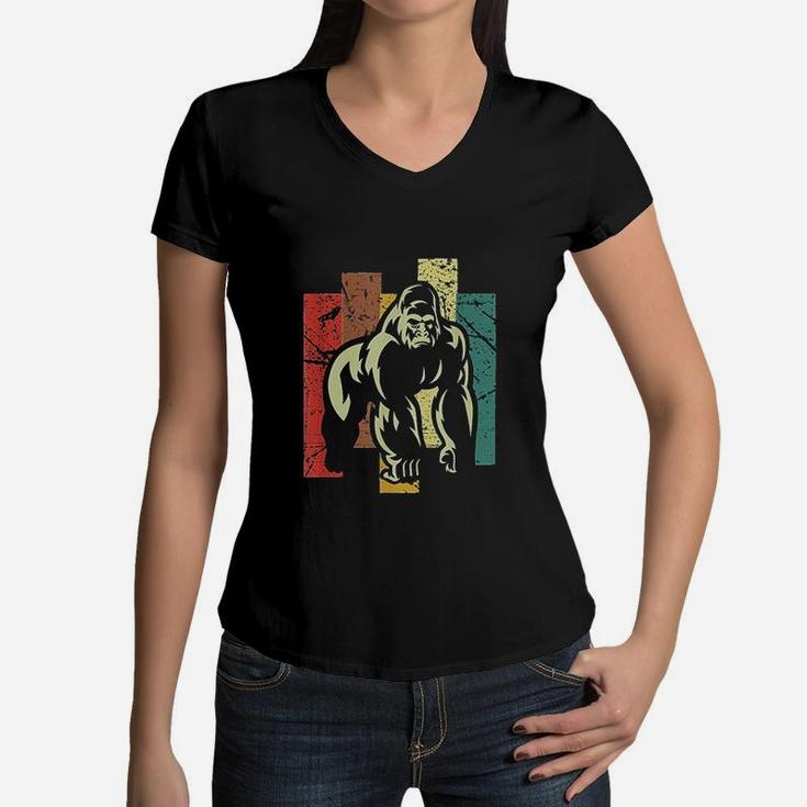 Gorilla Retro 70s Vintage Animal Lover Art Women V-Neck T-Shirt