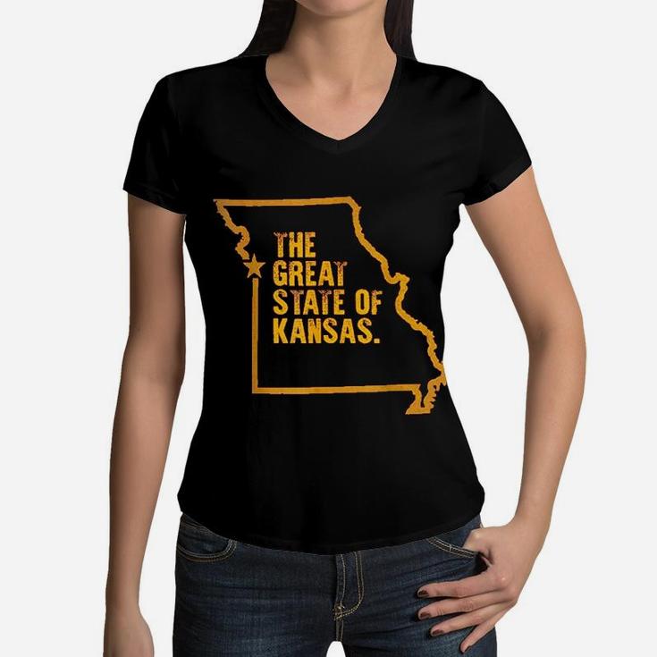 Great State Of Kansas Vintage Missouri Map Funny Women V-Neck T-Shirt